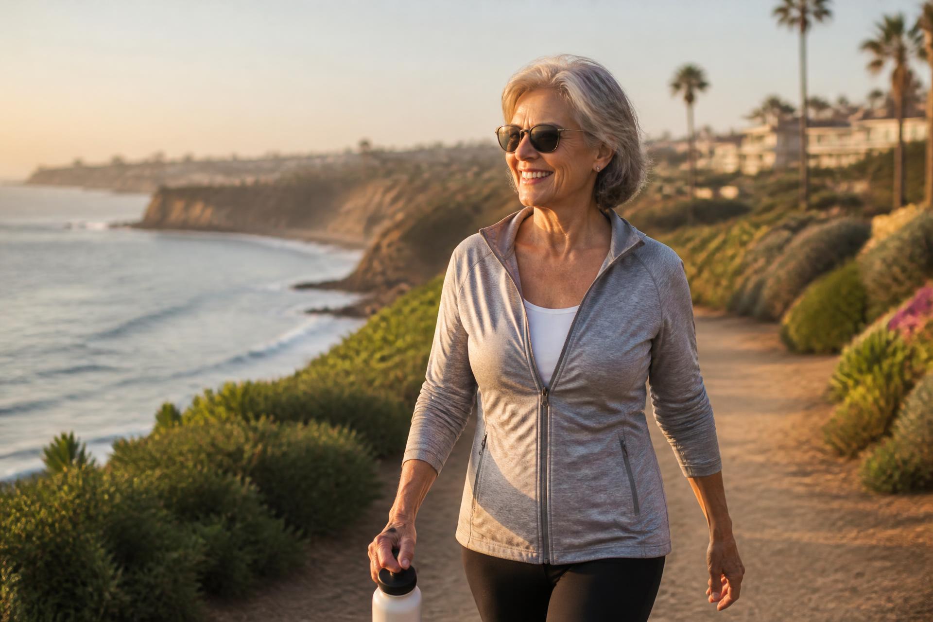 Woman walking a San Diego coastal path at golden hour