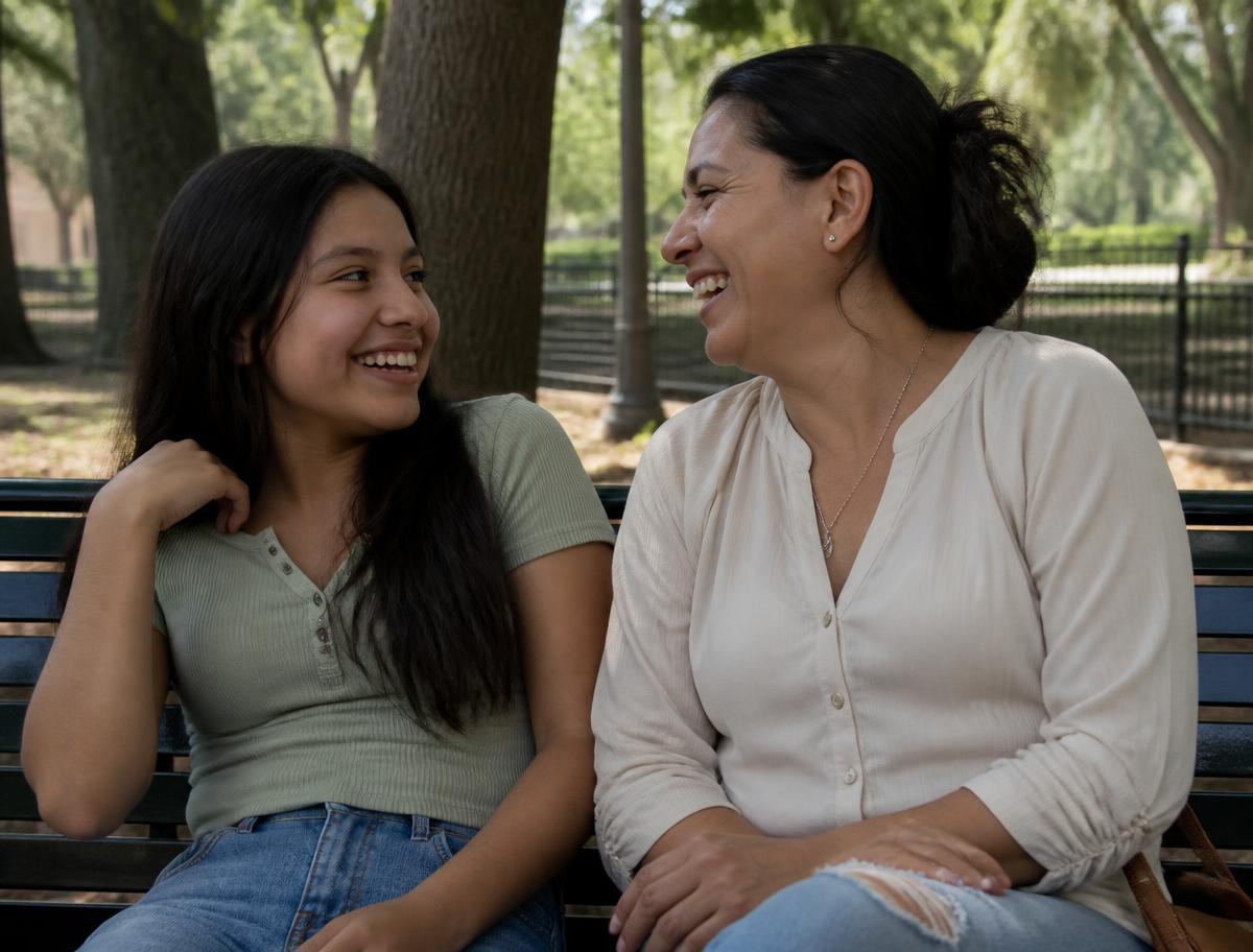 Teenage girl and her mother laughing on a park bench