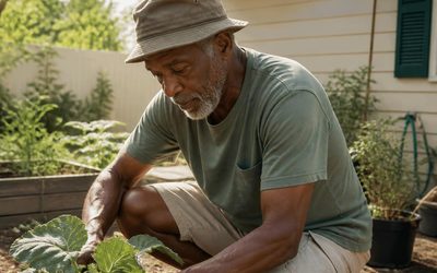 Older man gardening in warm afternoon light
