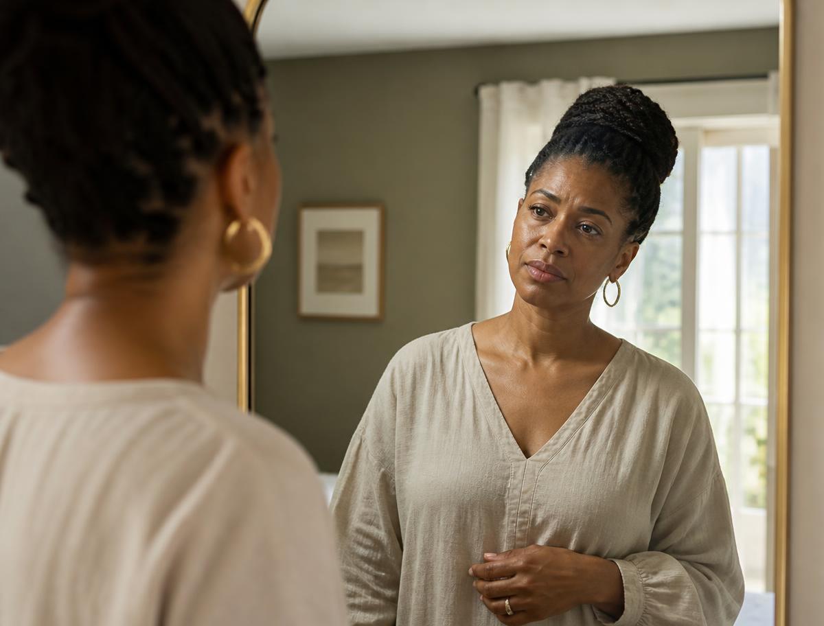 Woman looking thoughtfully into a mirror in a sunlit room