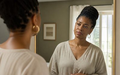 Woman looking thoughtfully into a mirror in a sunlit room