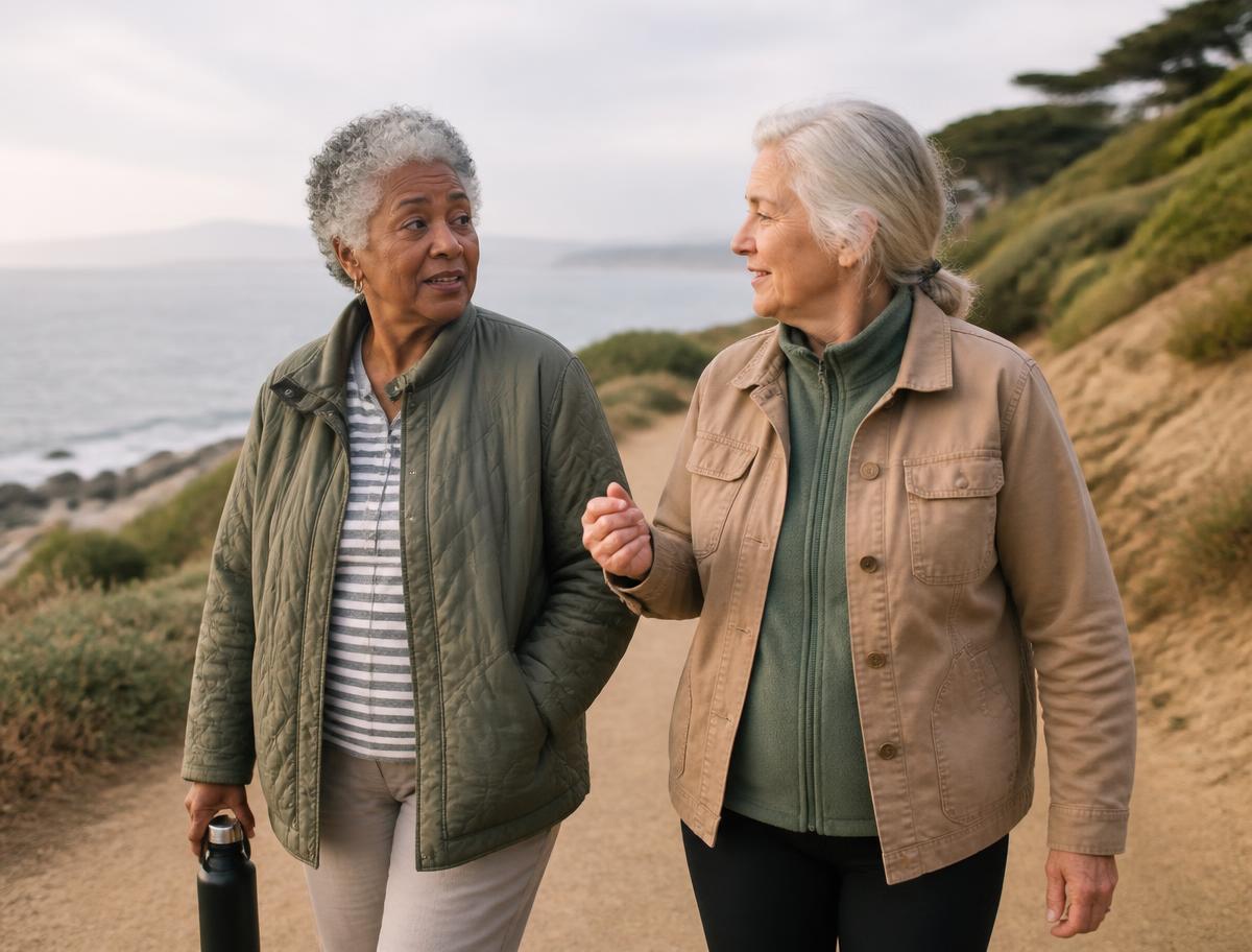 Two older women walking a coastal path in the morning
