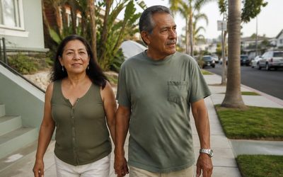 Couple walking together on a sunny San Diego street