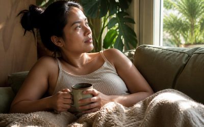 Young woman resting on a couch with tea by a sunny window