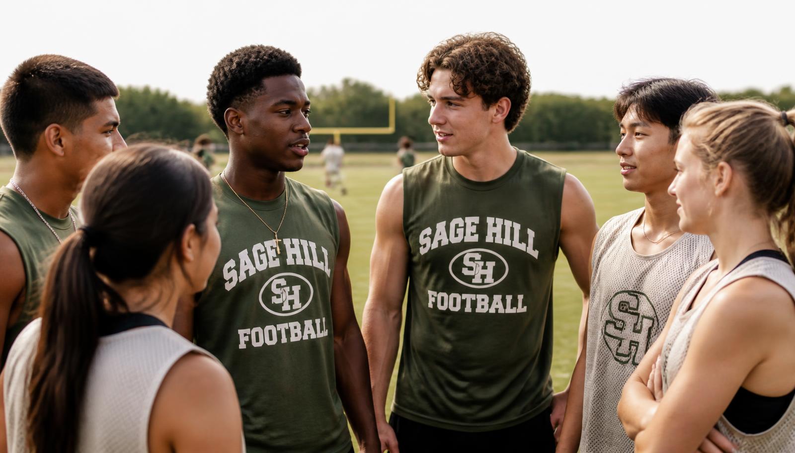 High school athletes talking together on a sunny field