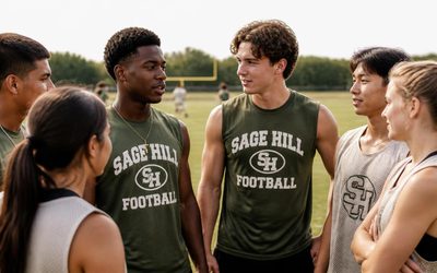High school athletes talking together on a sunny field