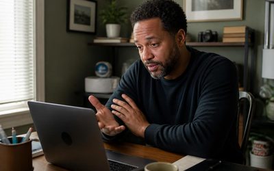 Man at a home desk on a laptop video call