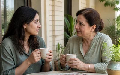 Mother and daughter talking over coffee on a sunny patio